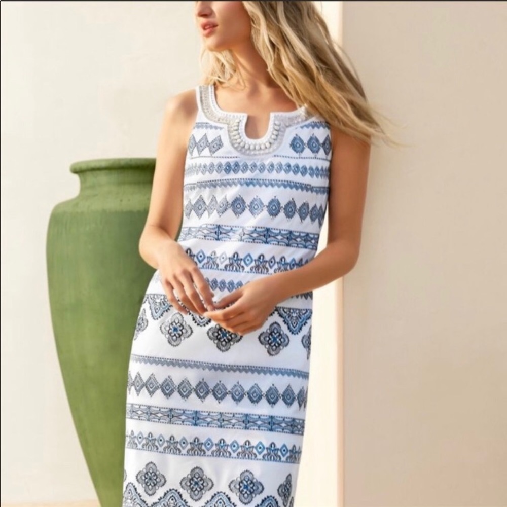 Whbm white linen & jeweled you neck shift dress 4